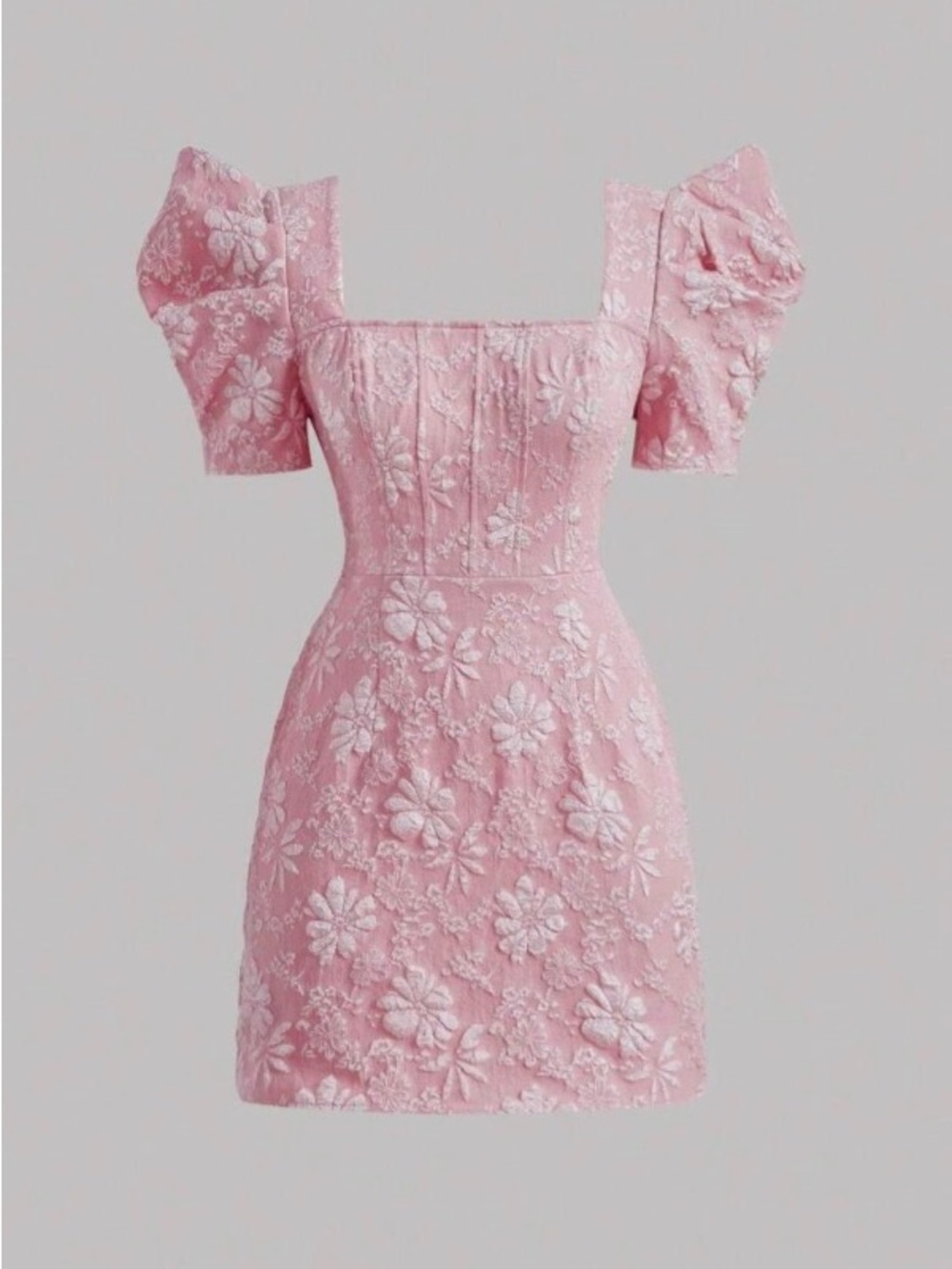 SHEIN Pink Floral Embroidered Puff-Sleeve Square-Neck Mini Dress